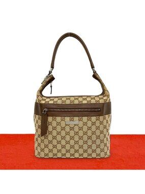 Gucci Logo GG Pattern Canvas Leather Shoulder Bag Tote Brown